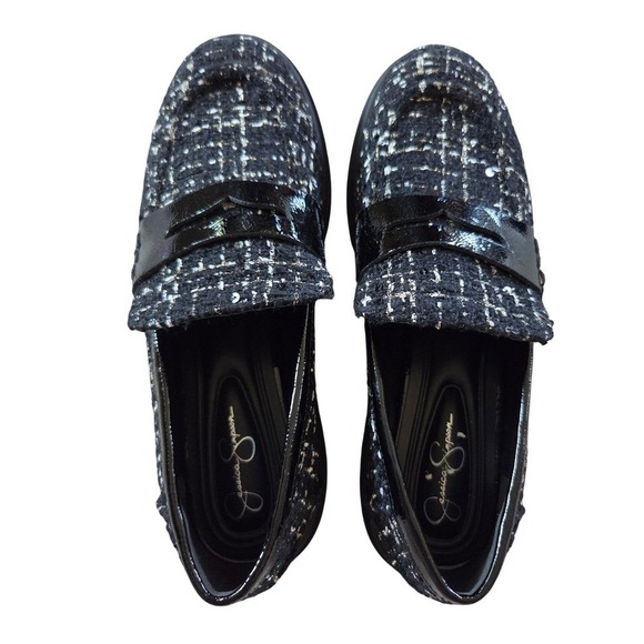 Jessica Simpson Shoes - Jessica‎ Simpson Loafers Women 8.5 Black New Tweed Sequin Patent Penny Platform